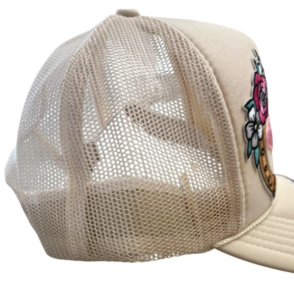 NWT Western Trucker Hat Tan Mesh Cap Howdy Horseshoe Flower Patch Snapback OSFM